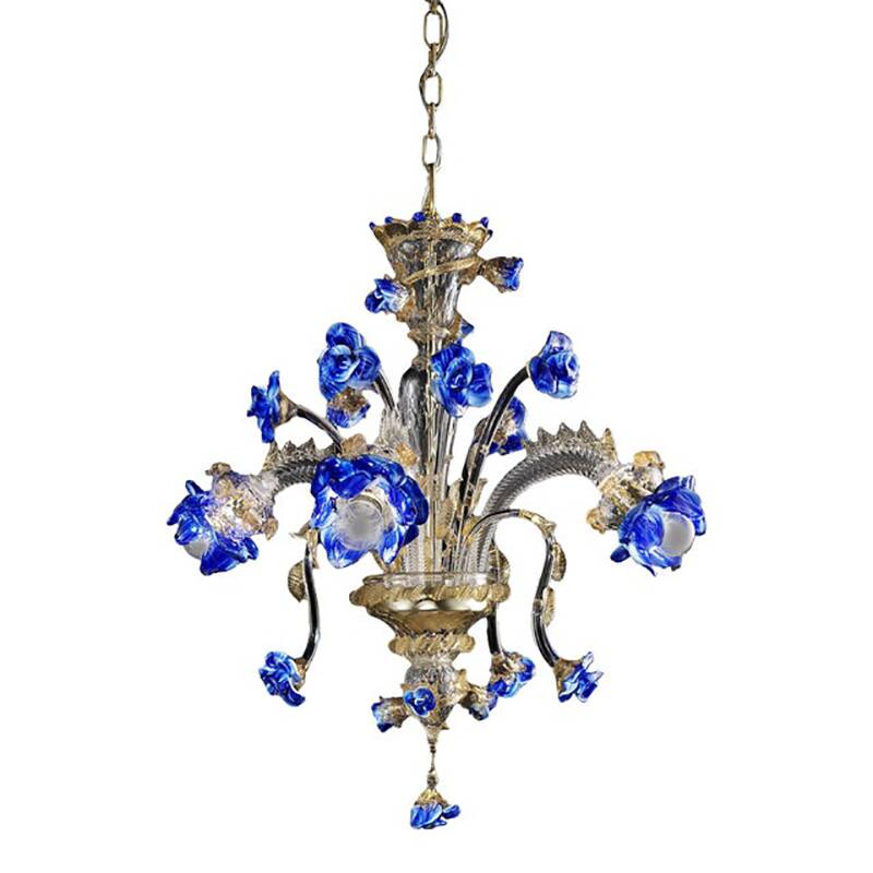Venetian Blue and Gold Flowers Glass Chandelier