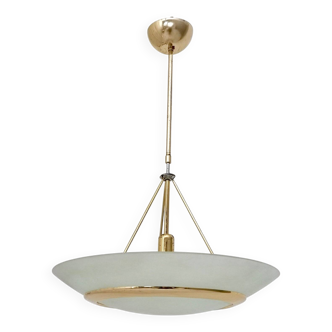 Brass and Aquamarine Etched Glass Bowl Pendant
