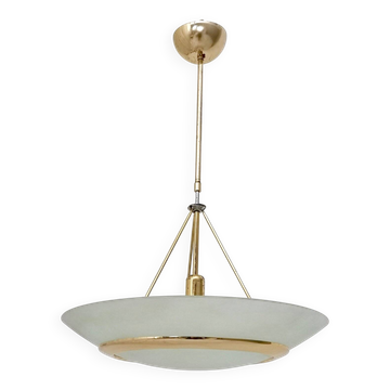 Brass and Aquamarine Etched Glass Bowl Pendant