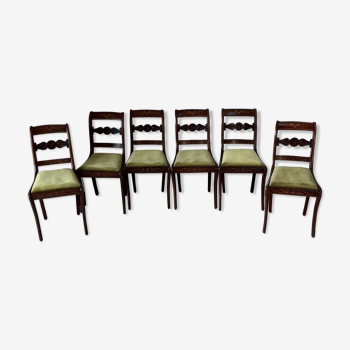 6 Empire style chairs with mahogany wood marquetry. Green velvet seats redone