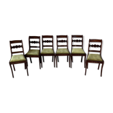 6 Empire style chairs with mahogany wood marquetry. Green velvet seats redone