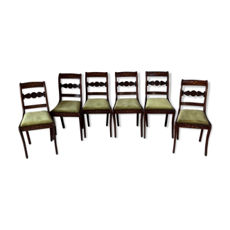 6 Empire style chairs with mahogany wood marquetry. Green velvet seats redone