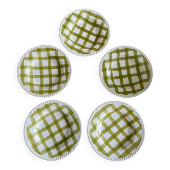 5 assiettes creuses en céramique vichy verte