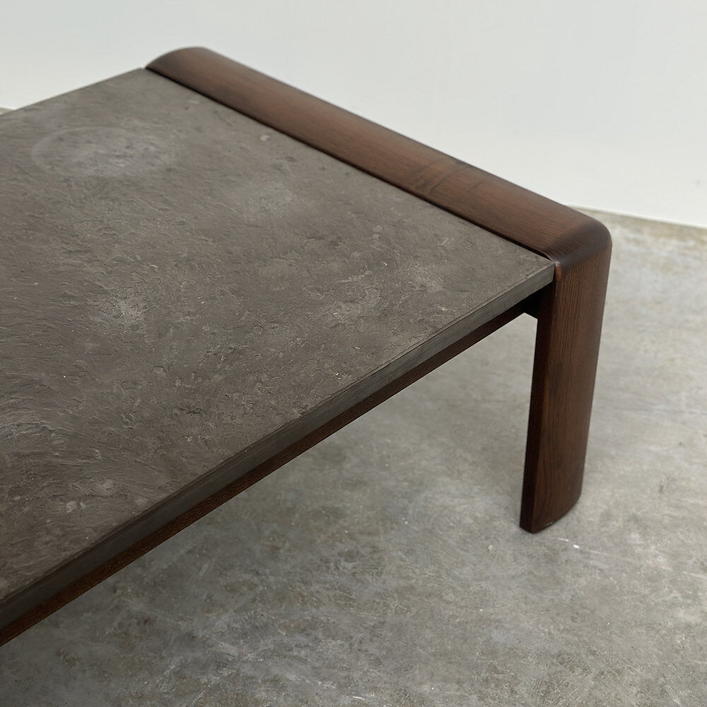 Vintage Belgian oak & fossil slate coffee table, brutalist modern, 1970s
