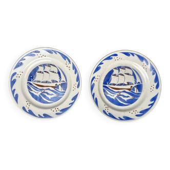 Art deco, two Lunéville earthenware dessert plates circa 1930