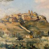 A painting representing a village in Tuscany.