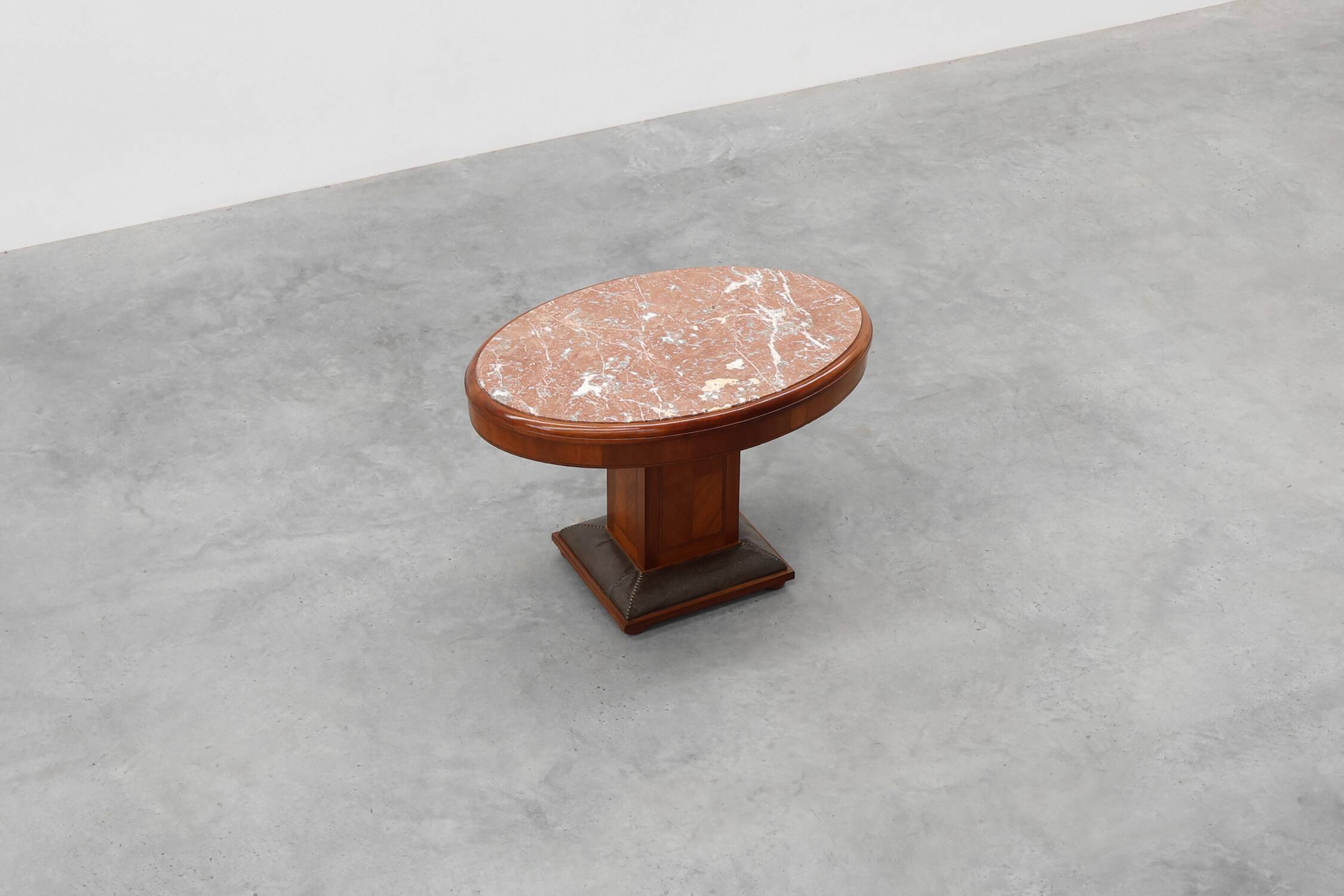 Oval Art Deco Side Table in Walnut with Marble Top by De Coene, Belgium