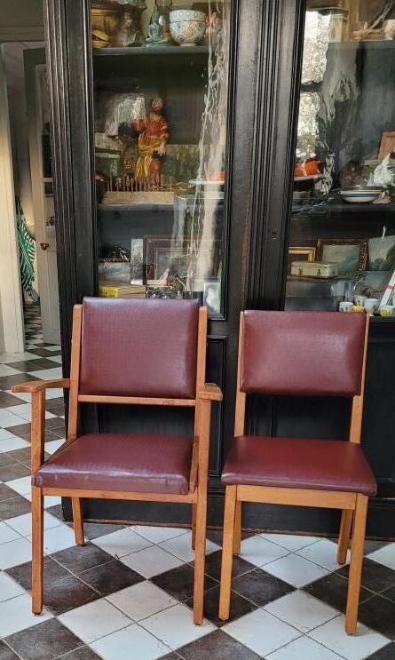 Pair chair/armchair wood and burgundy skaï, 50s