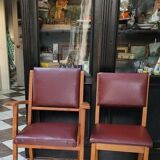 Pair chair/armchair wood and burgundy skaï, 50s