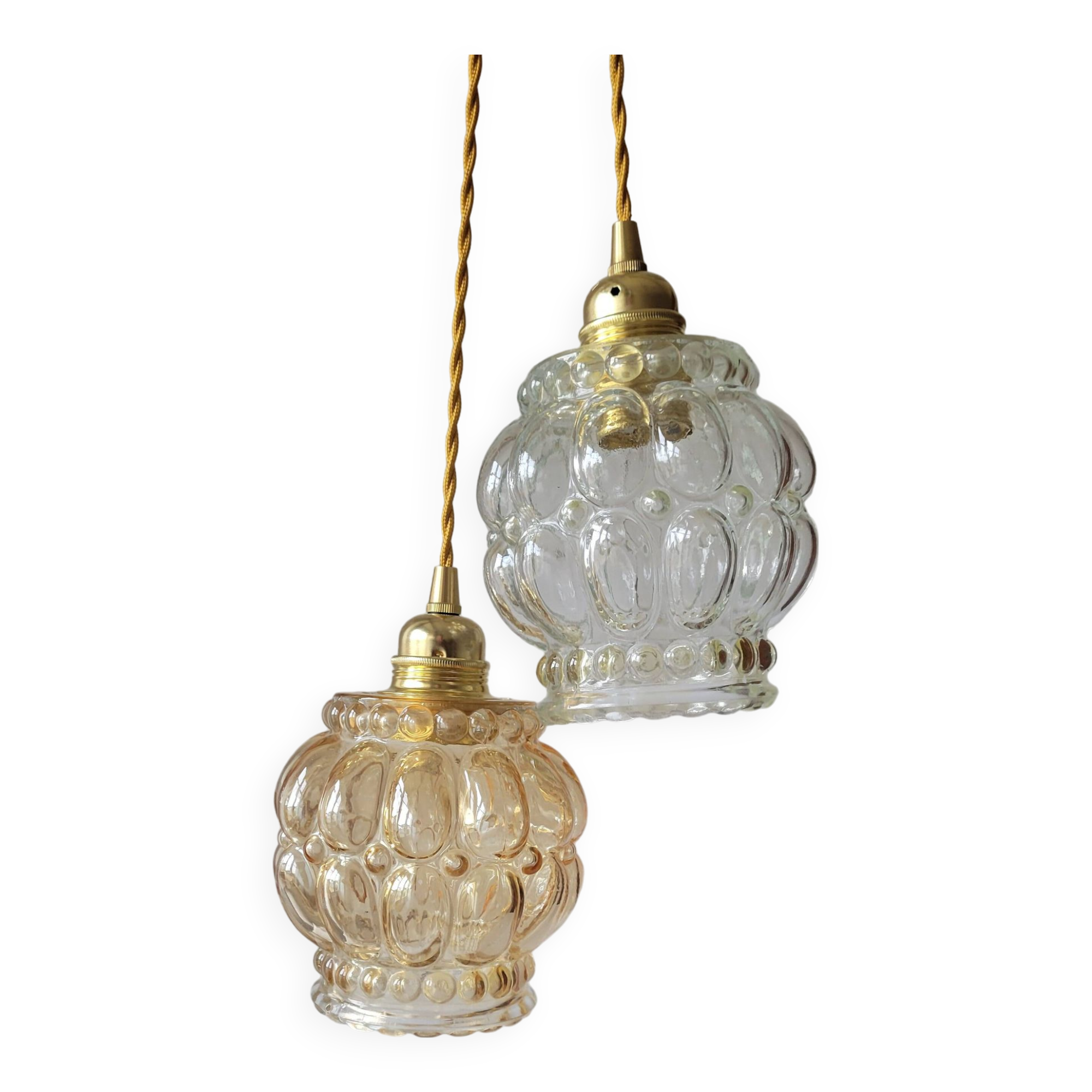 Duo of molded glass pendant lights