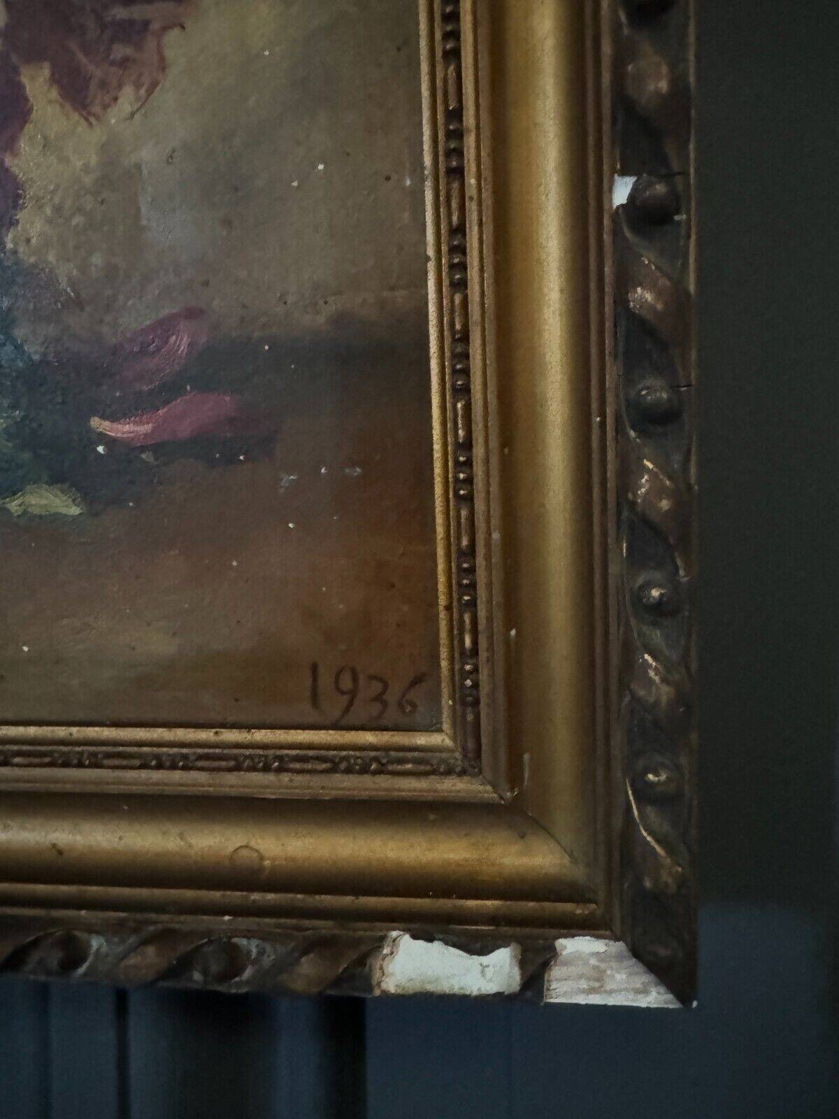 Oil on panel signed still life bouquet of roses 1936