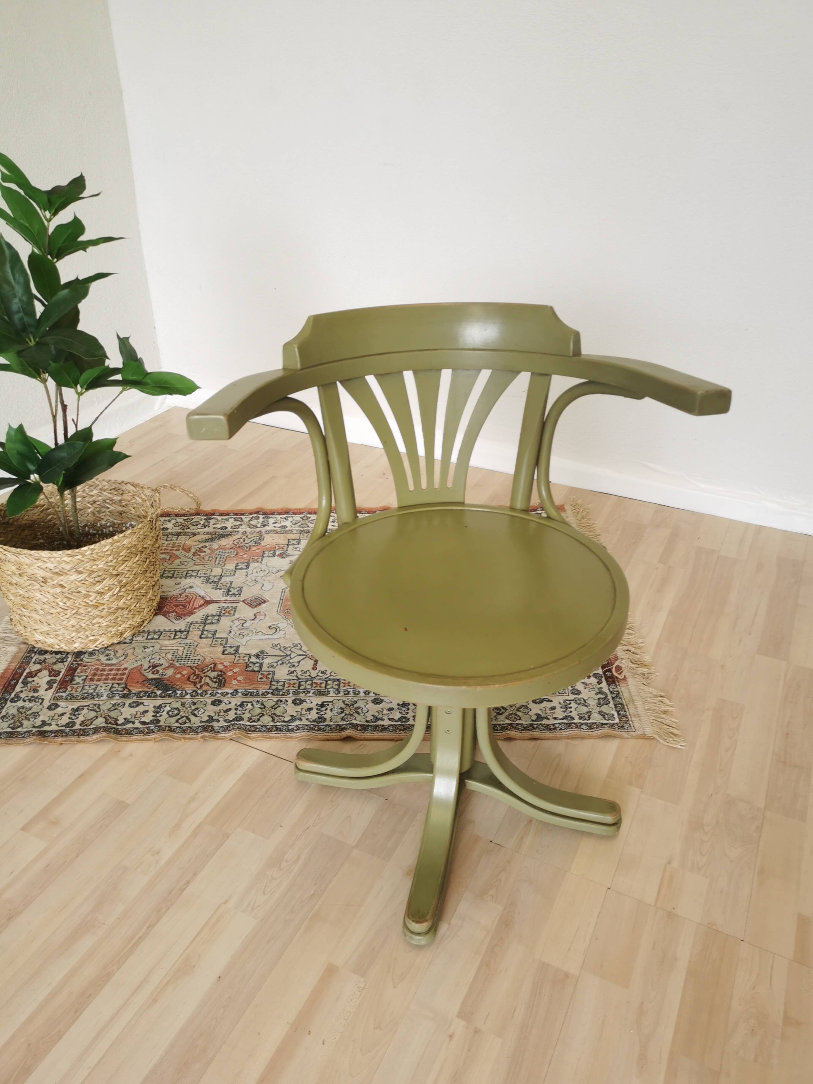 Vintage Thonet Style Bentwood Swivel Chair - Olive Green Retro Armchair