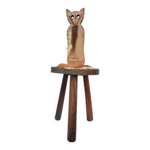 Chaises tripodes brutalistes en cuir de vache pour chat / étiquetées fabriquées en Espagne, dossier pliable, années 1960