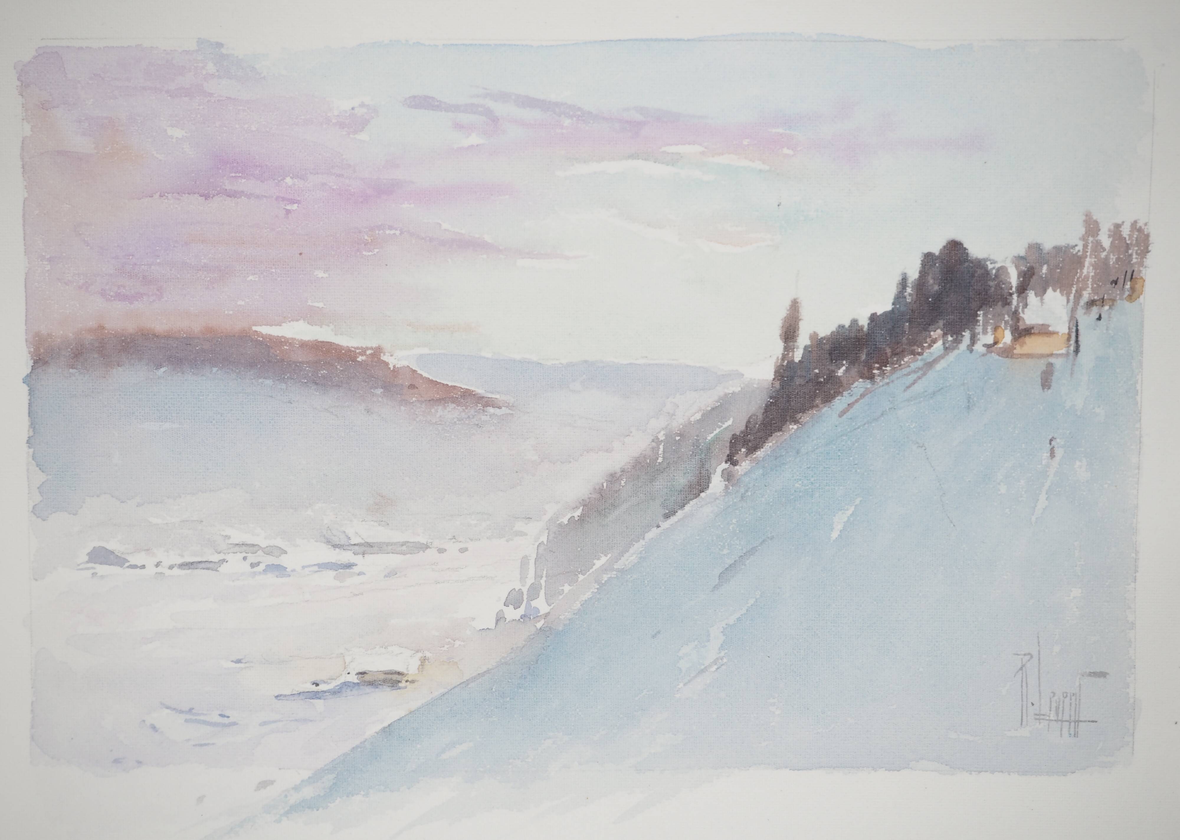 René leverd: switzerland, twilight and dawn, original signed watercolor
