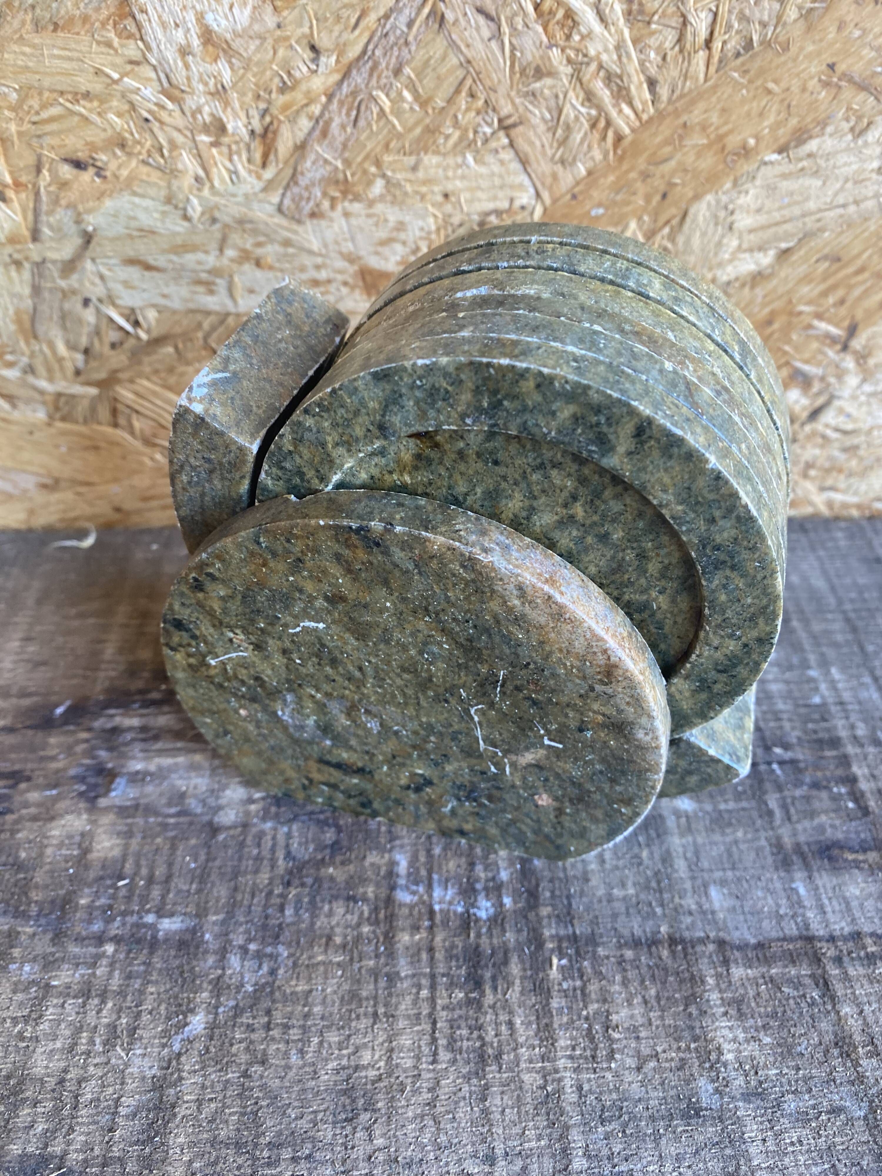 Série de 6 dessous de verre marbre vert + support vintage