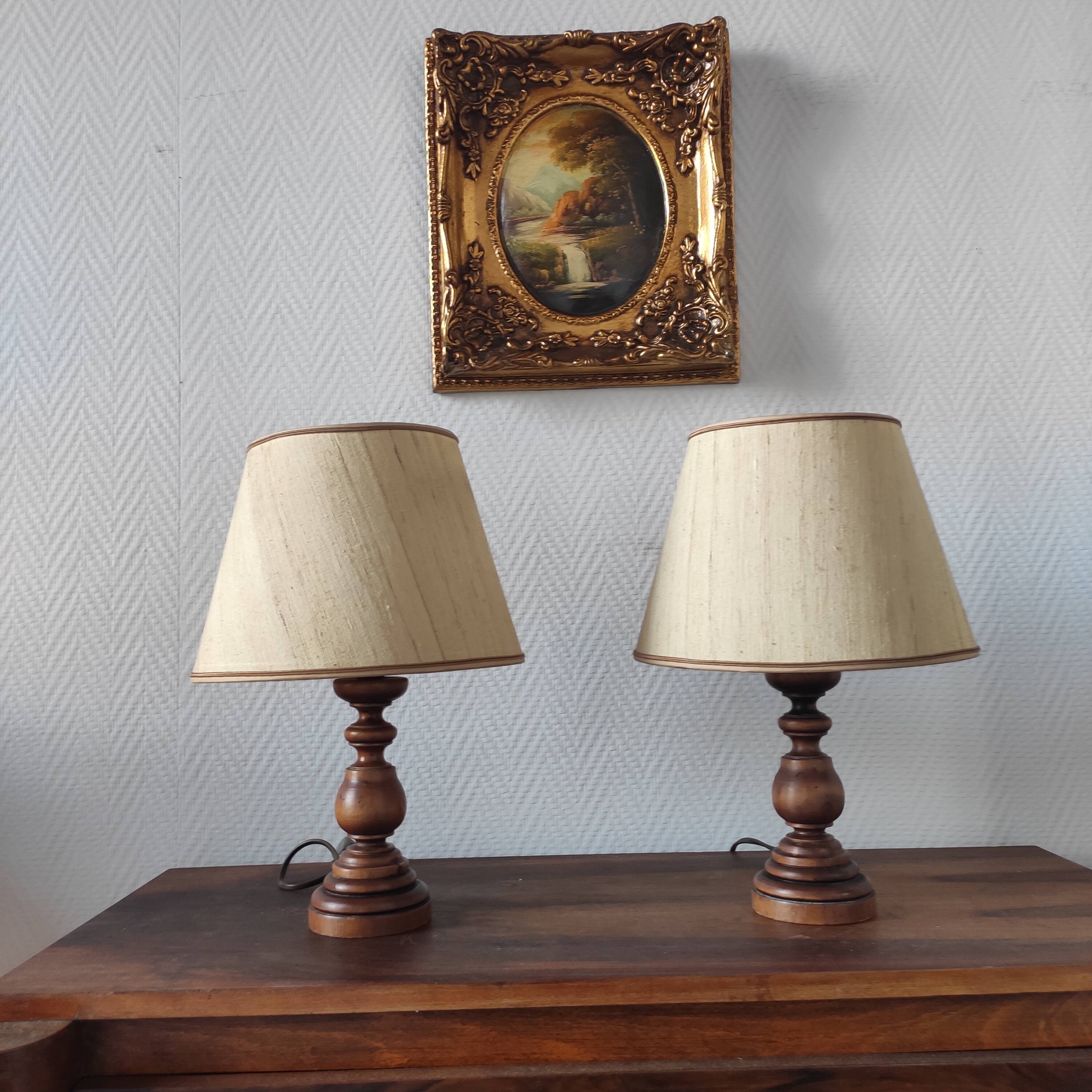 Pair of vintage turned wood lamps