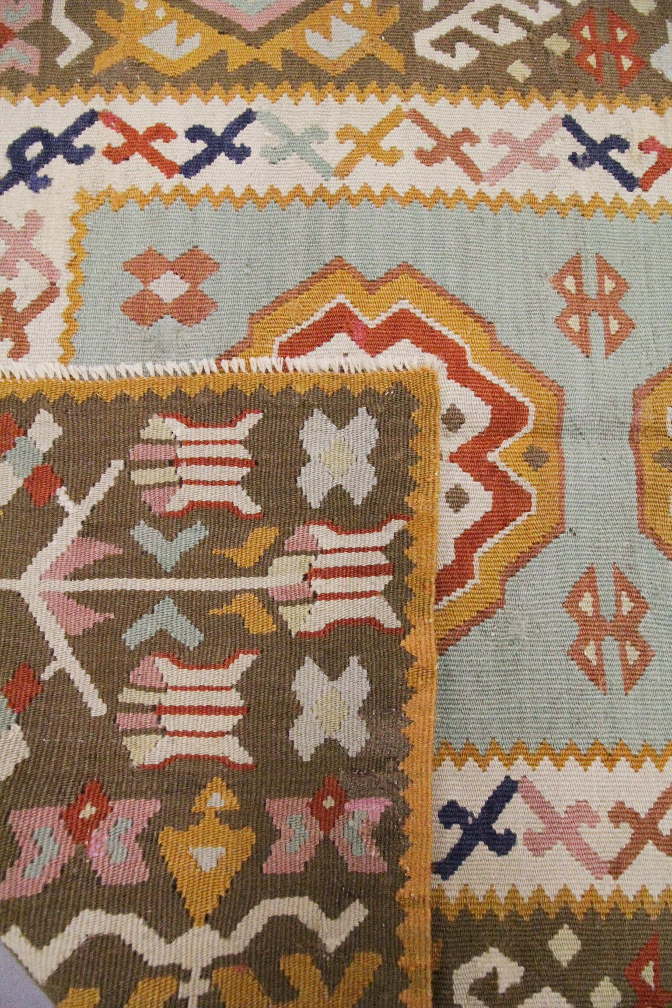 Antique Anatolian Kilim Rug, Turquoise Blue & Mustard Flatweave 141x93 cm