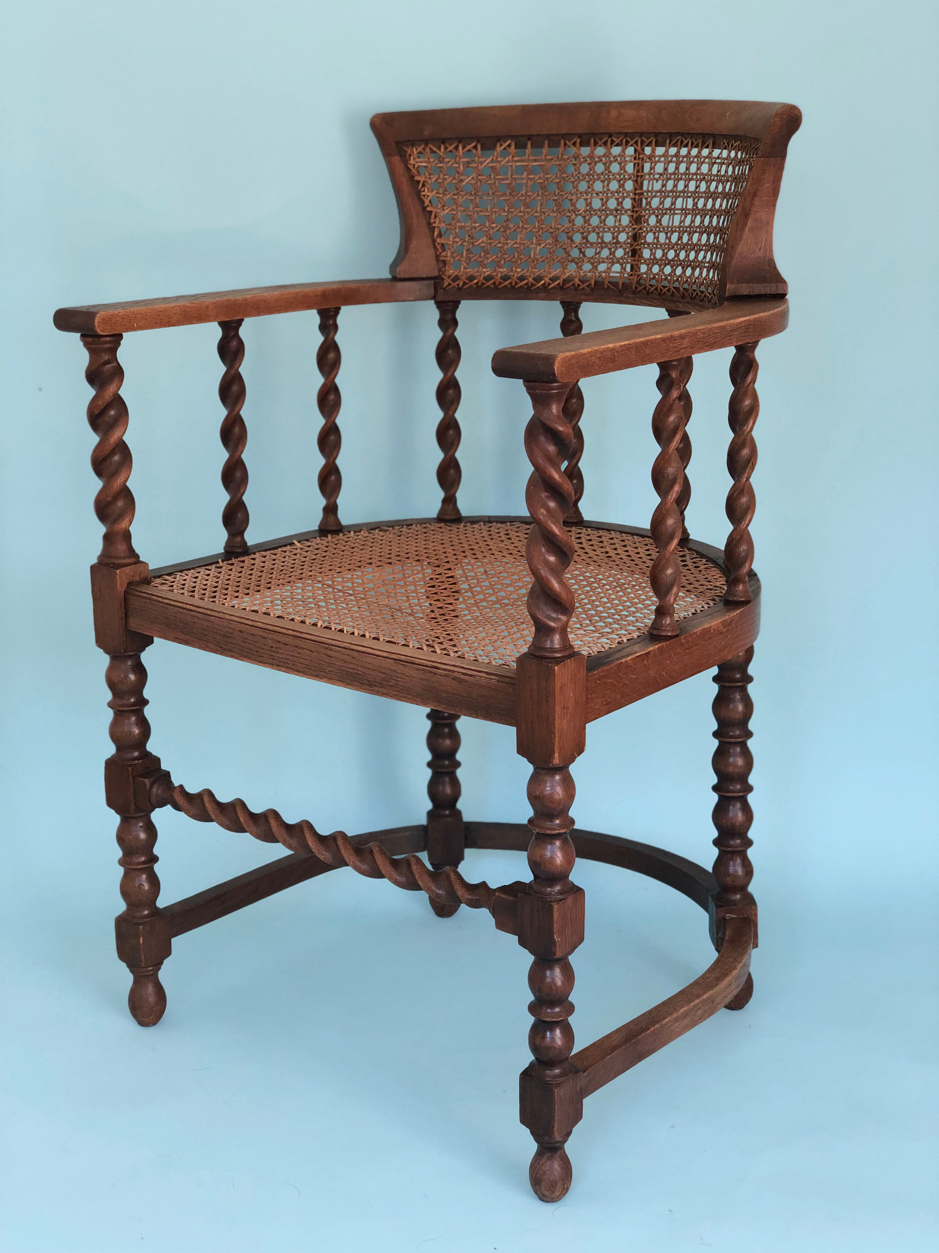 Edwardian barley twist corner chair with cane late 19th century