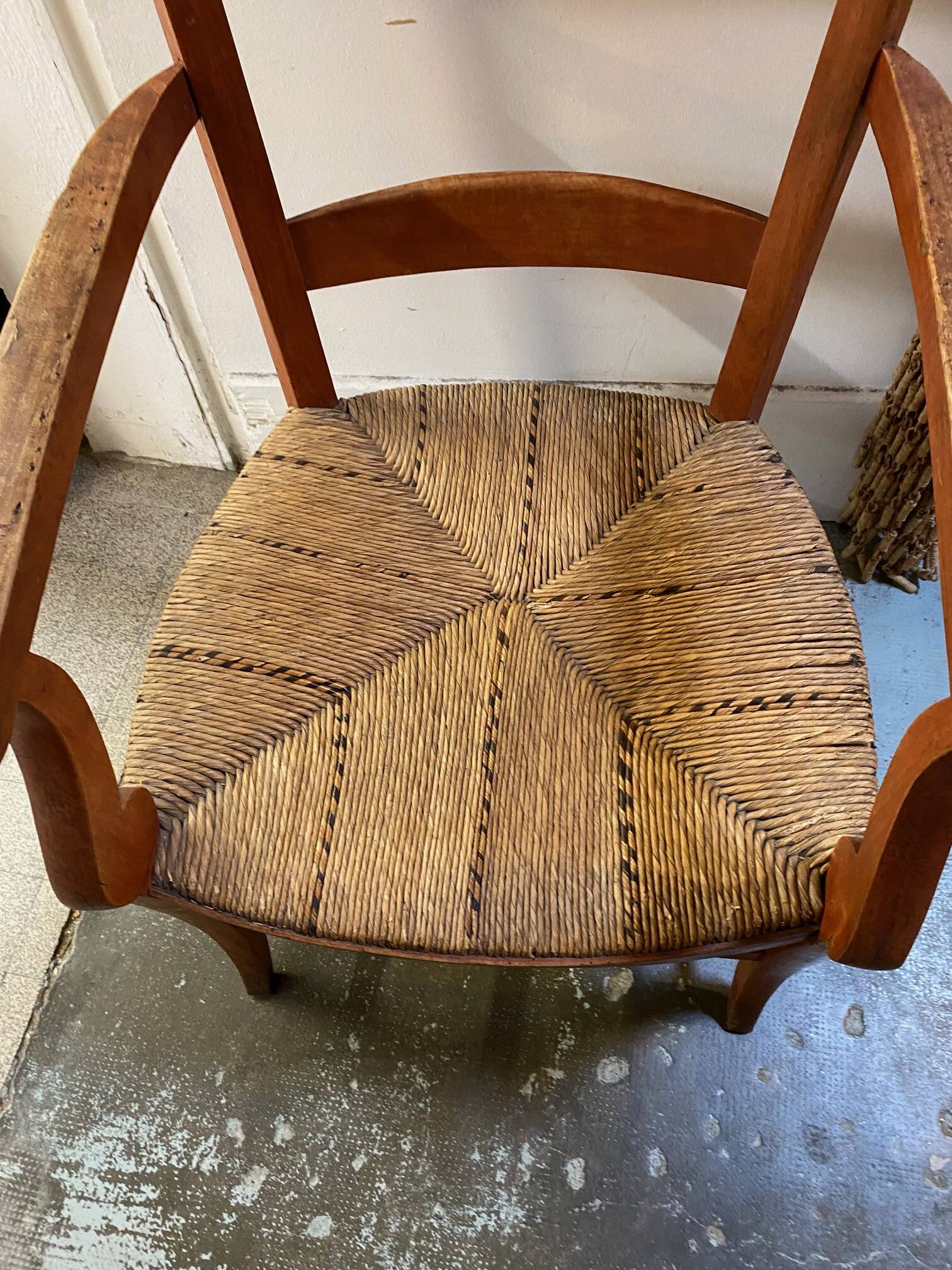 provençal armchair with dark beech armrests two-tone straw seat