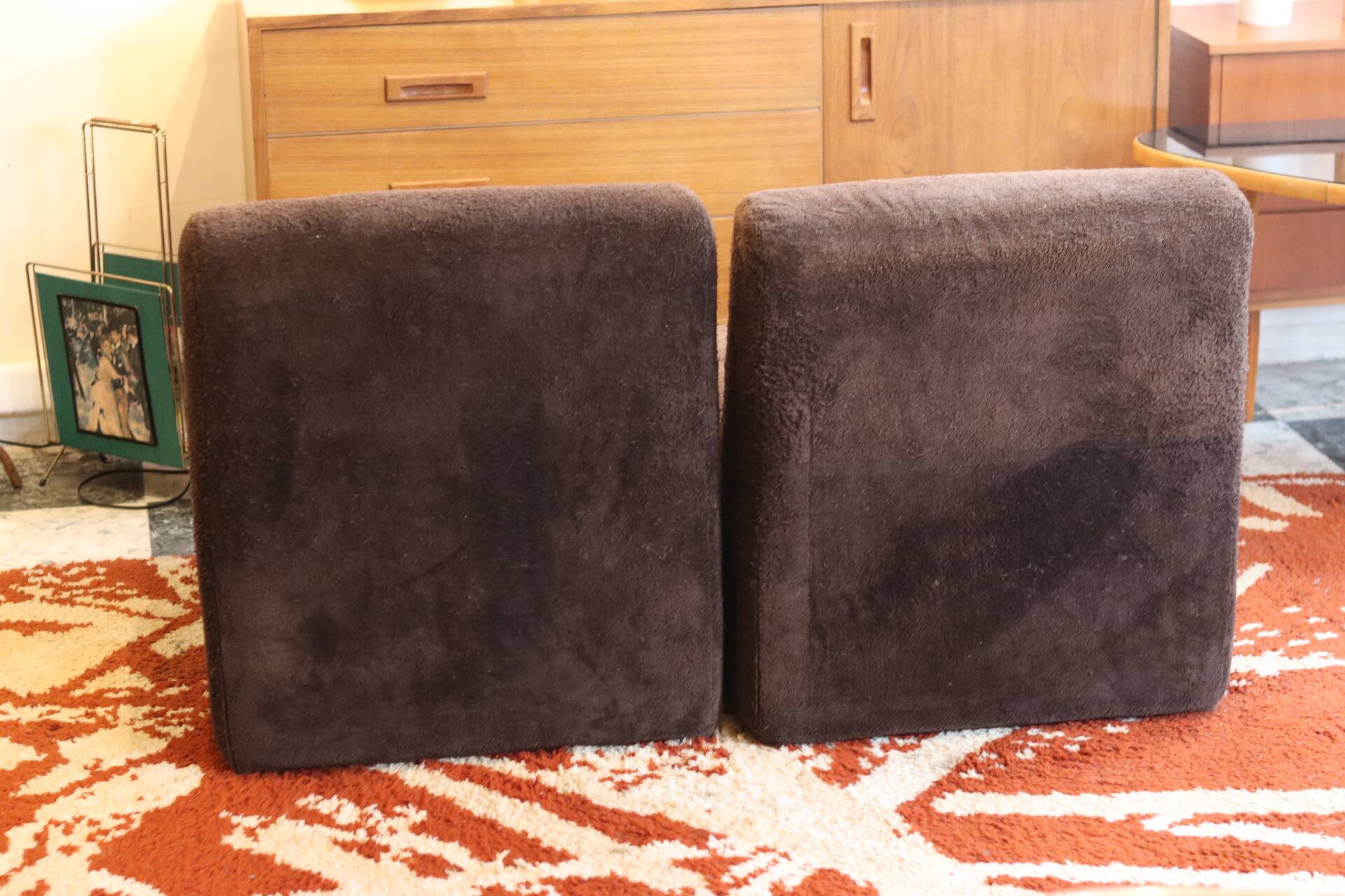 Pair of vintage brown fabric armchairs