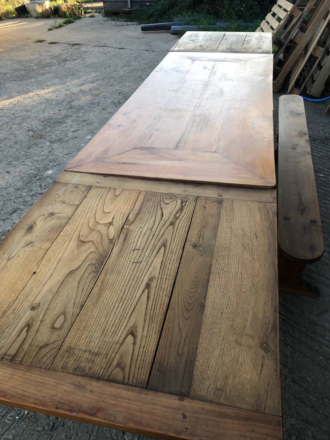 Antique farmhouse table in solid cherry wood with its 2 benches