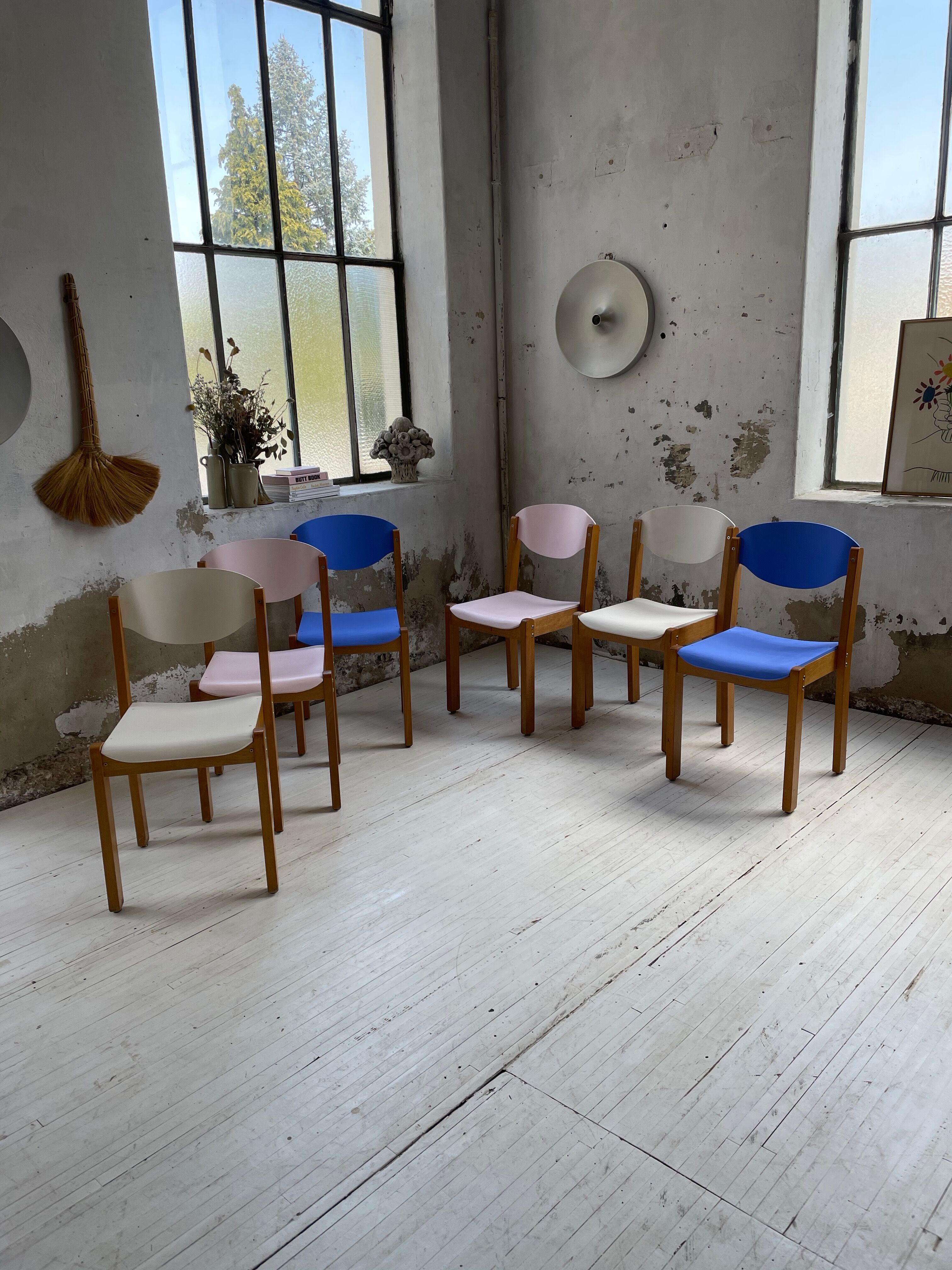 6 colorful 80s beech chairs