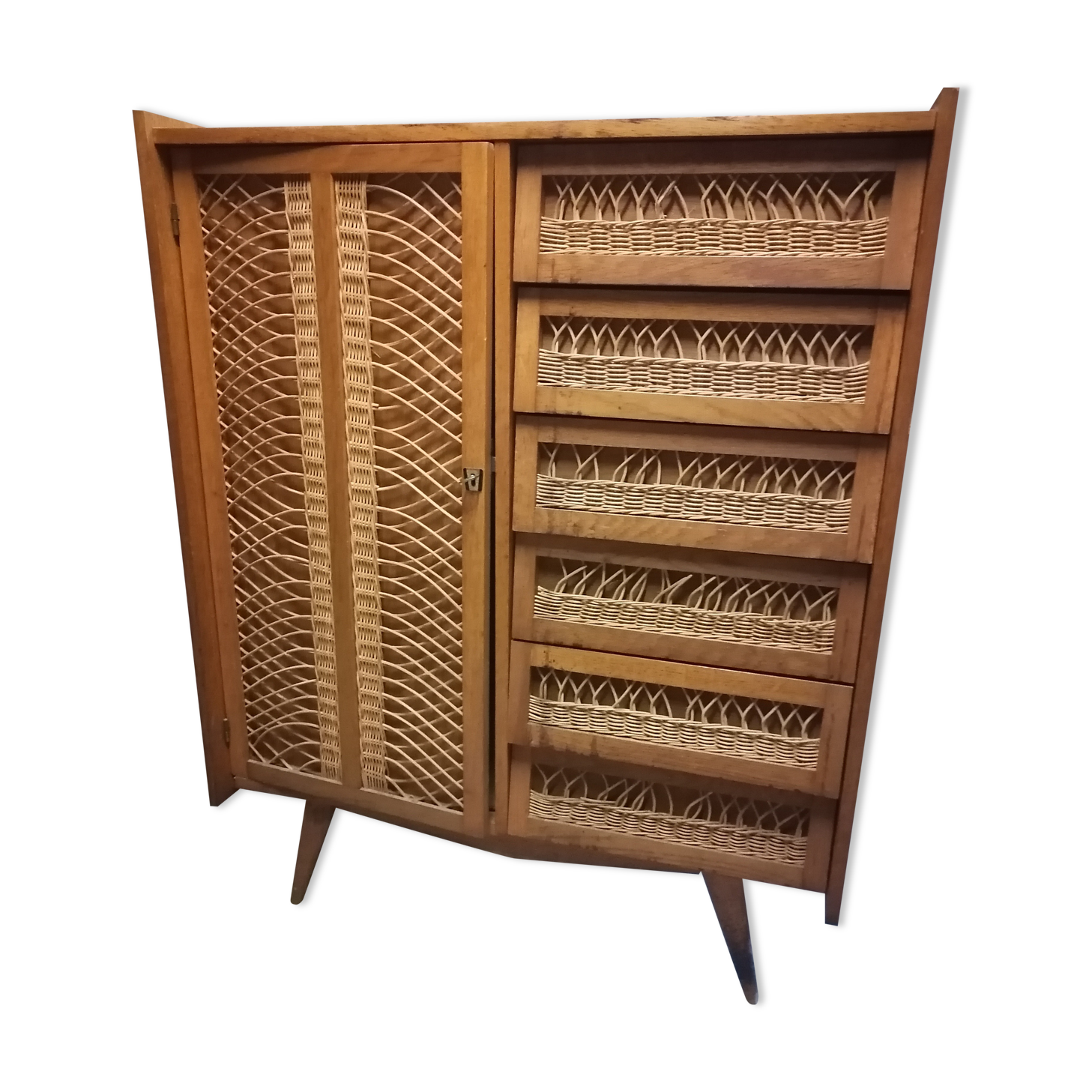 Children's wicker wooden wardrobe, 1960-70 vintage