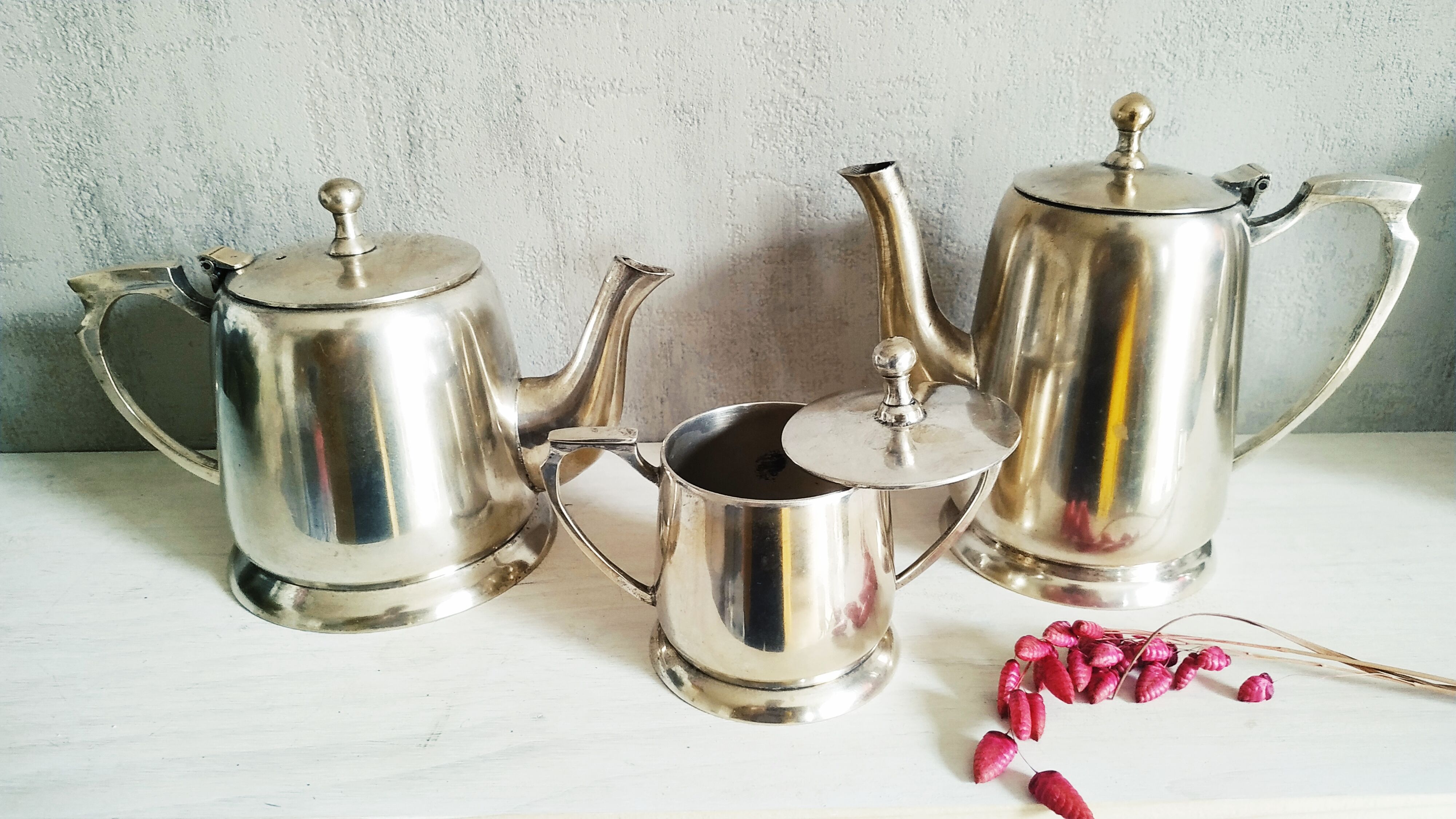 Coffee pot, teapot, sugar bowl and art deco milk pot