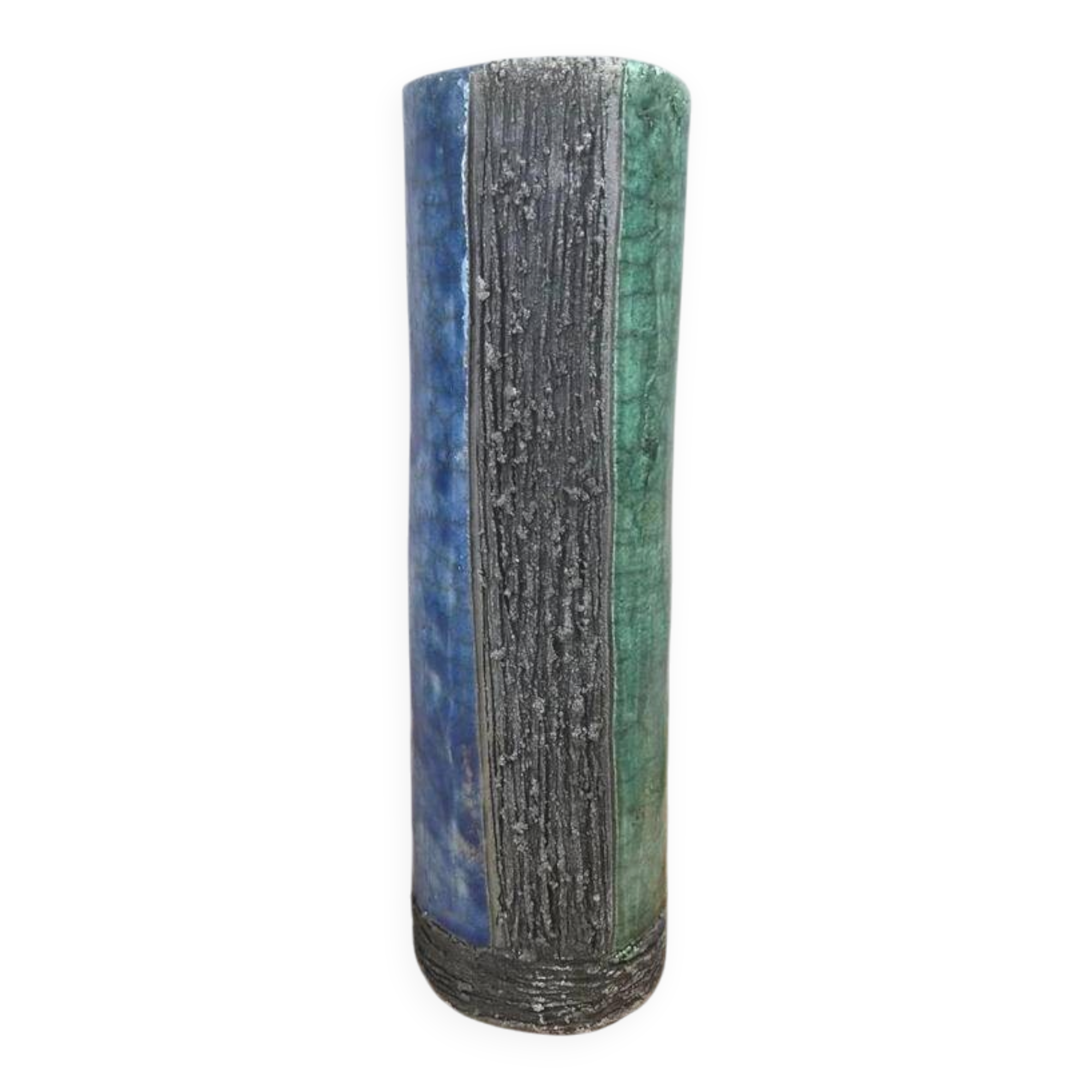 Vase d’atelier style raku bleu et vert signé