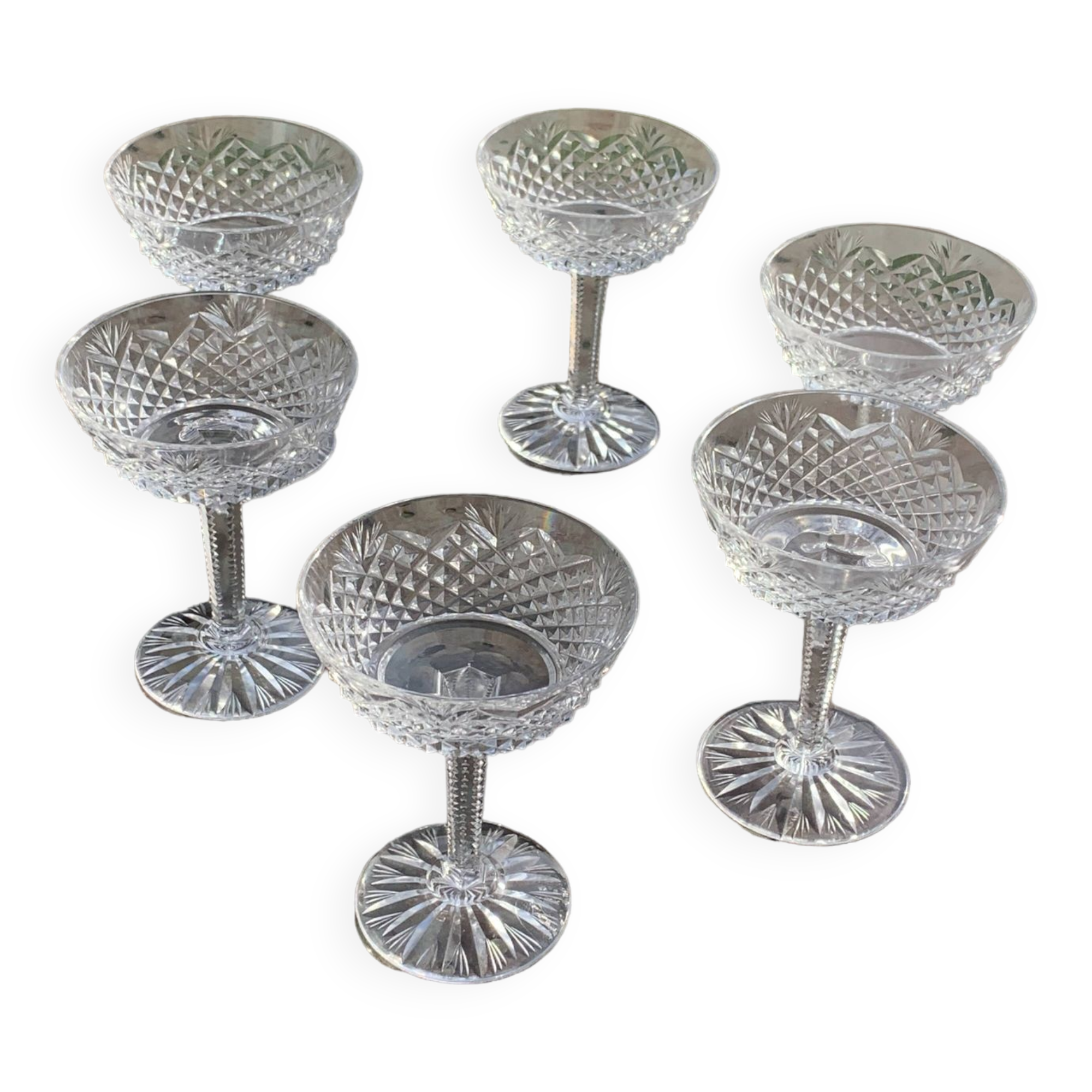 6 champagne glasses in glass and transparent crystal, antique chiseled