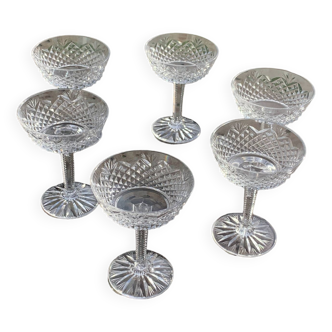 6 champagne glasses in glass and transparent crystal, antique chiseled