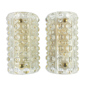 Pair Of Scandinavian Glass & Brass Wall Lights "Venus" By Carl Fagerlund For Orrefors & Lyfa, 1960s