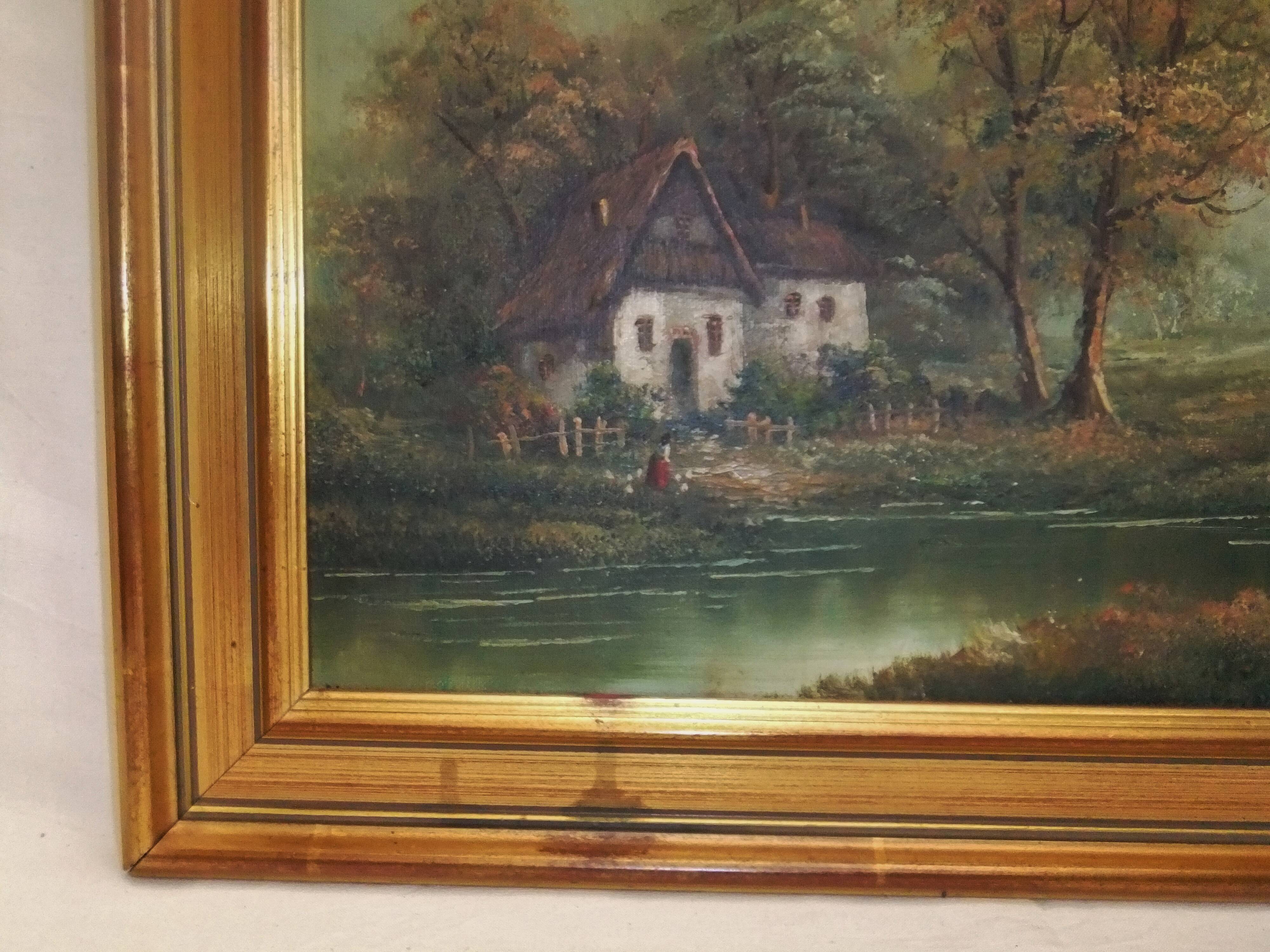 Painting on oil canvas J Evans golden frame landscape