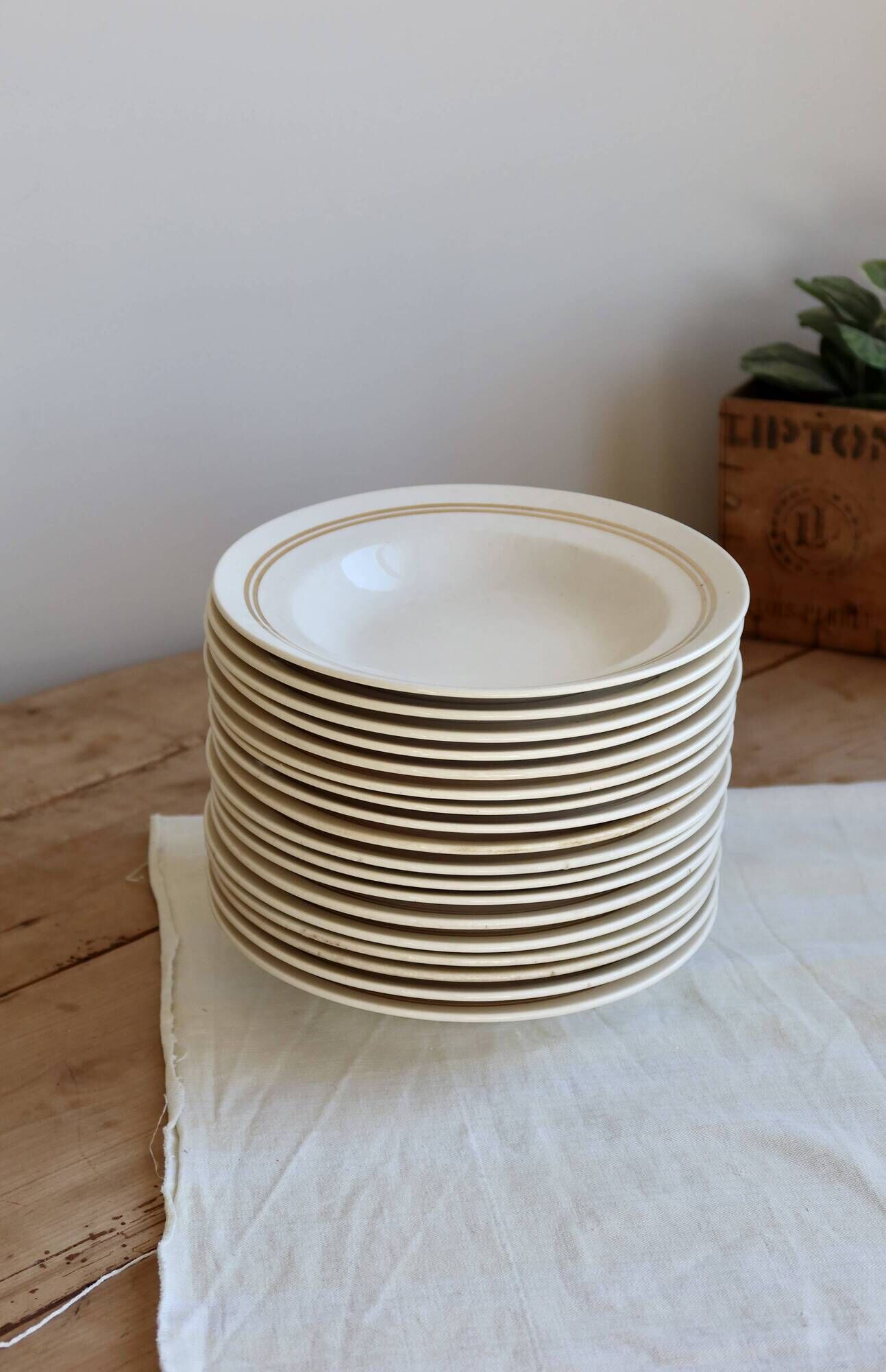 6 vintage ivory earthenware deep plates with double gold trim