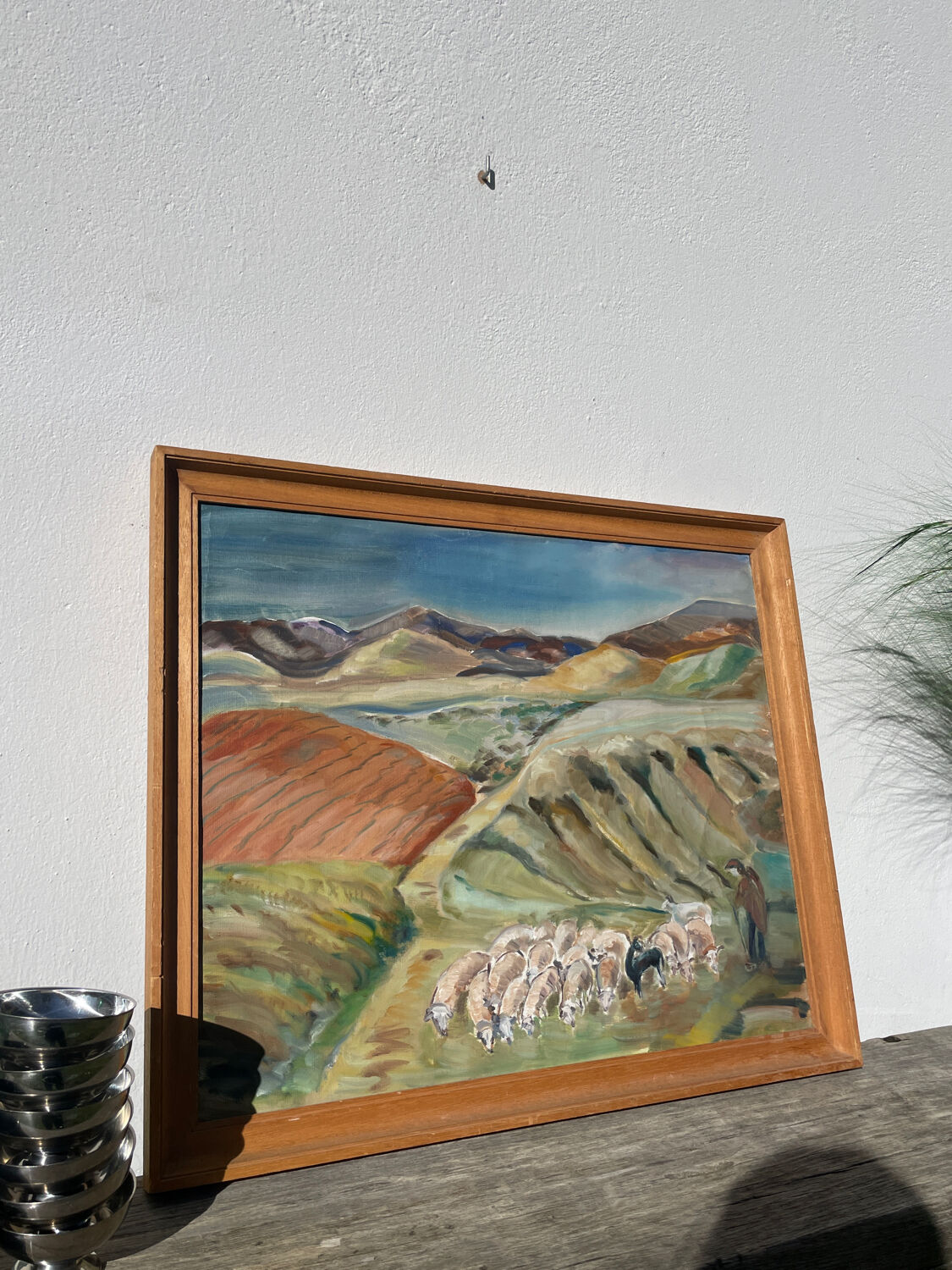 Old painting oil on canvas mountain and shepherd
