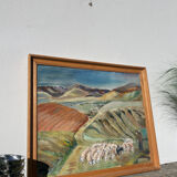 Old painting oil on canvas mountain and shepherd