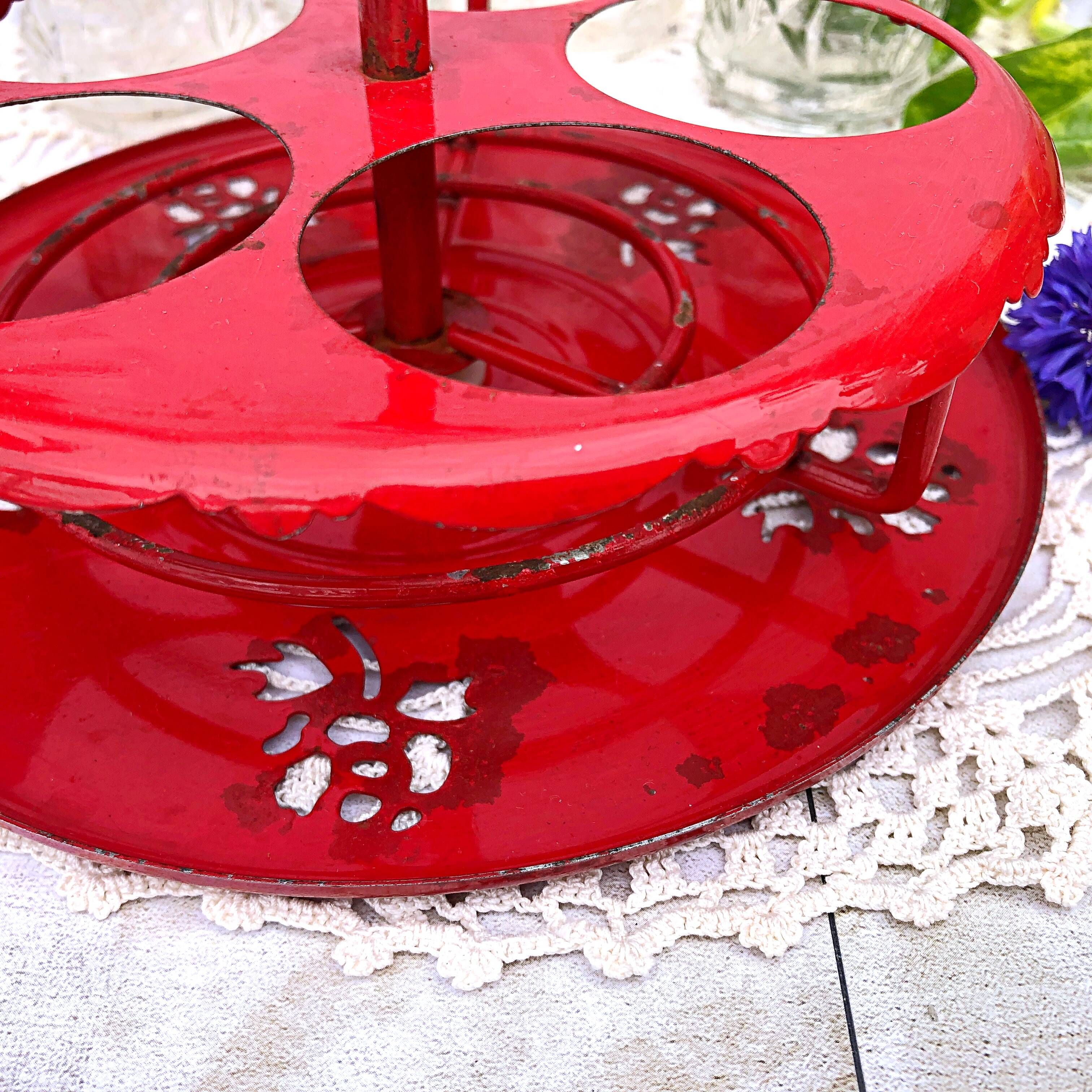 Table condiment server red metal turntable 6 vintage pieces
