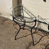 Glass and iron table with two side tables and 8 chairs