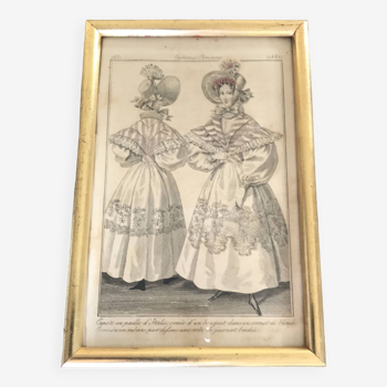 Framed FASHION ENGRAVING 1831 PARISIAN COSTUMES Women's Fashion Hat 19th Century