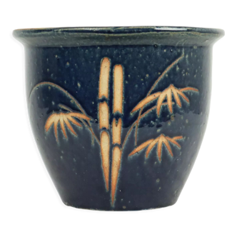 Vase pot de fleurs vintage en céramique émaillée bleue bambou 22cm