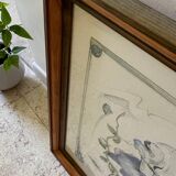 Iris flower on paper with vintage wooden frame