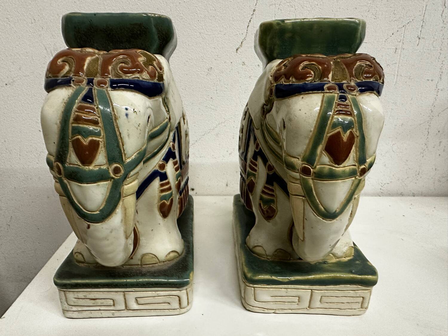 Pair of ceramic elephant plant stands polychrome sculpture - India