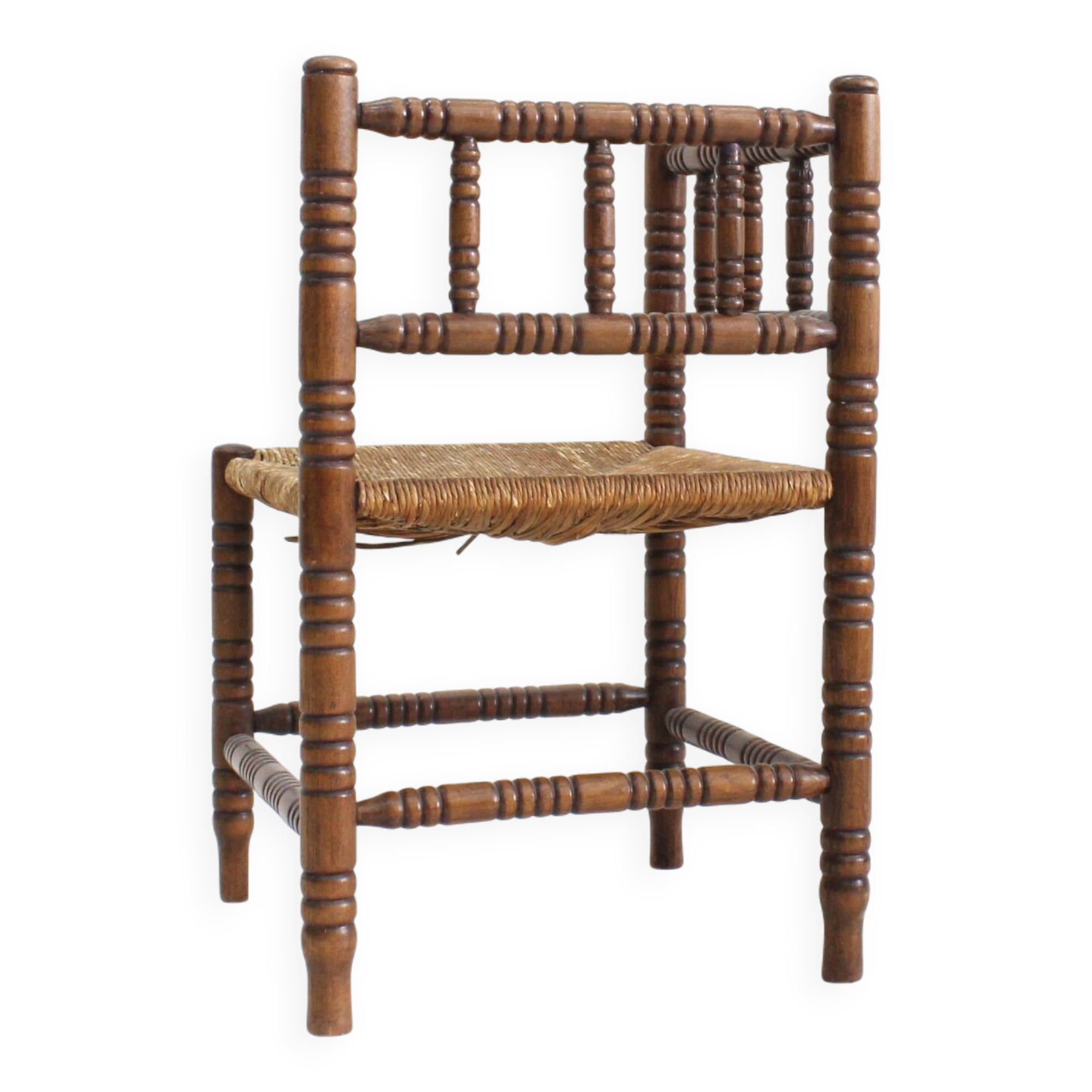 Vintage Bobbin bench with rush seat 1920s