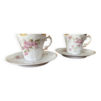 Set of 2 antique porcelain cups with their saucer decoration pink flowers and gilding