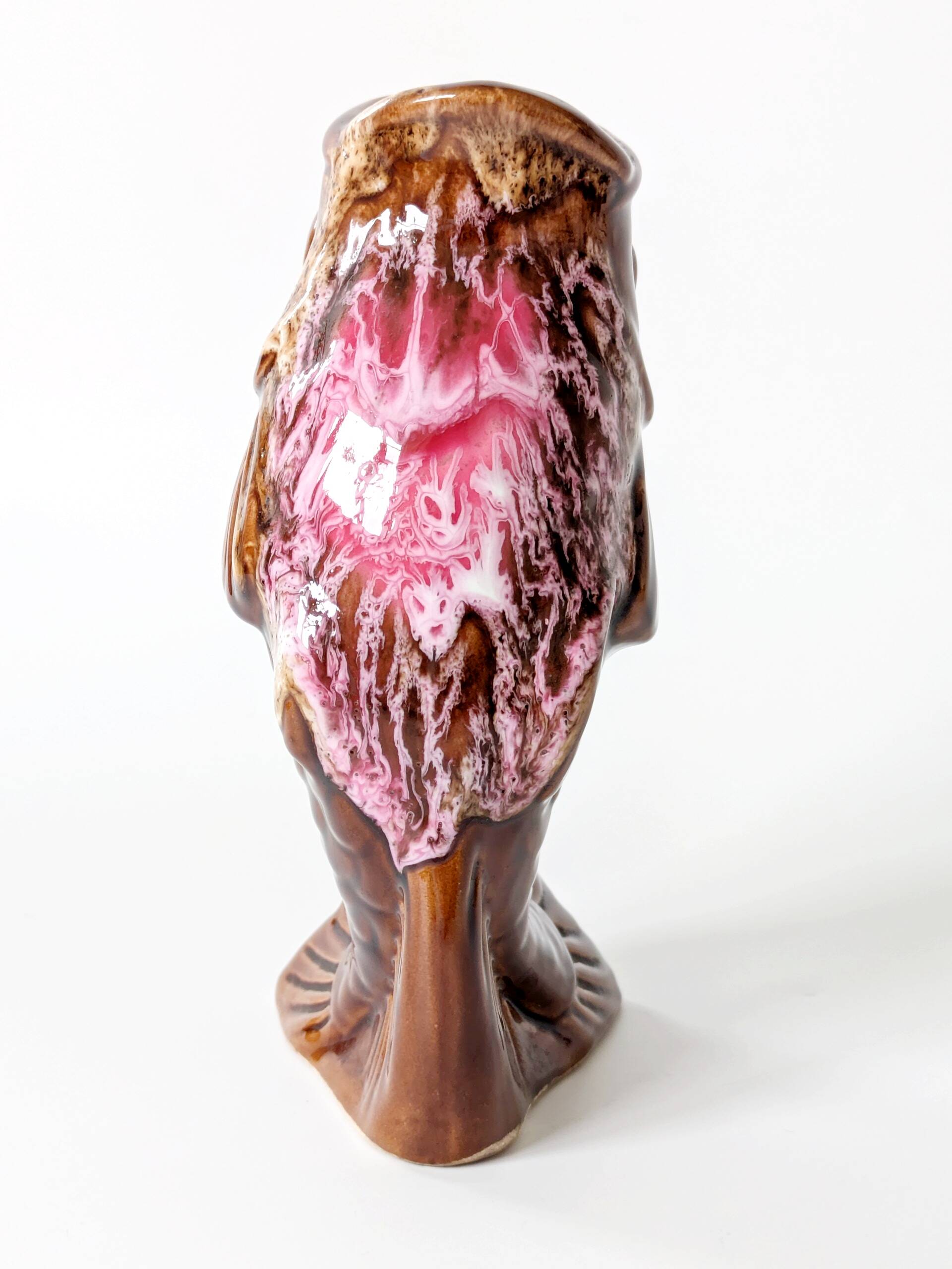 Vallauris fish pitcher vase from the 60s, amber and pink