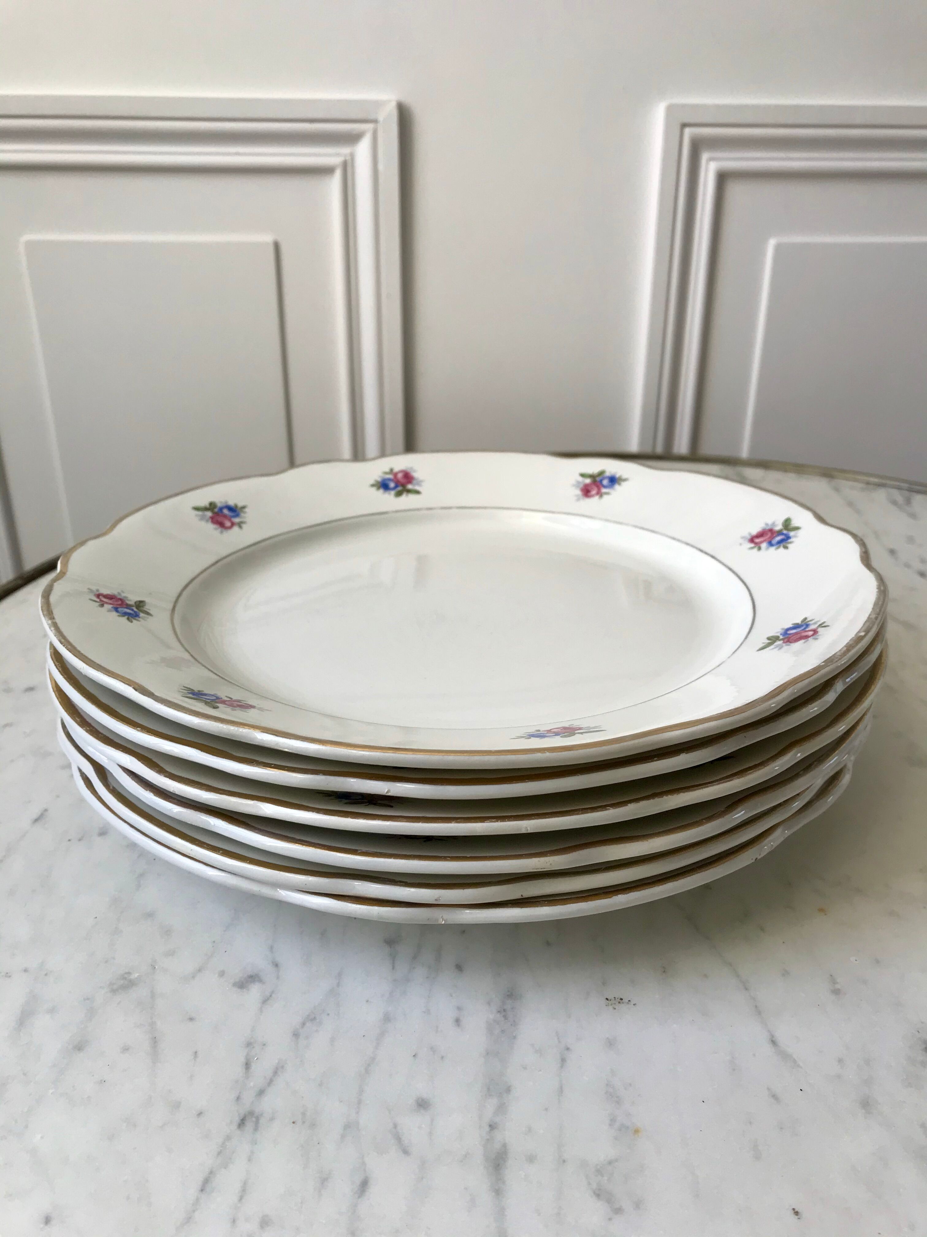 set of 6 flat plates Digoin Sarreguemines small flowers 50s