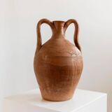 Vintage terracotta amphora vase from the early 19th century, handmade Italian jug with two handles.