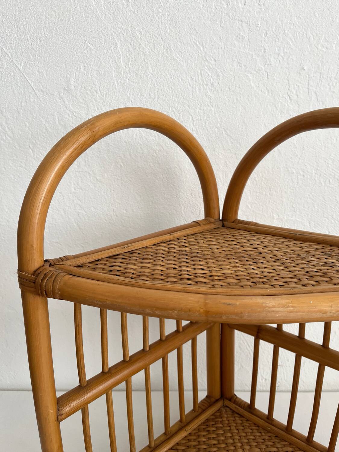 Vintage bamboo and rattan corner shelf