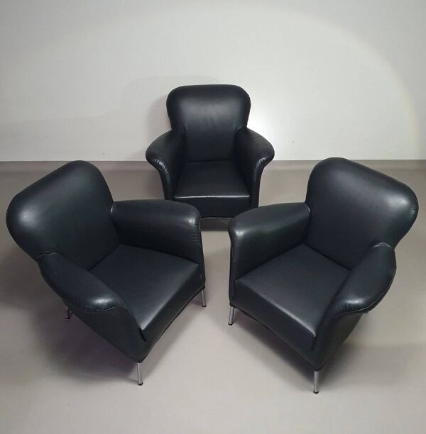 3 x fauteuil rare / modèle Turn / cuir noir / Bert Plantagie en parfait état.