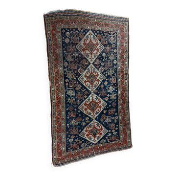 Tapis nomade persan Qashqai ancien fait main – fond bleu 94x112cm